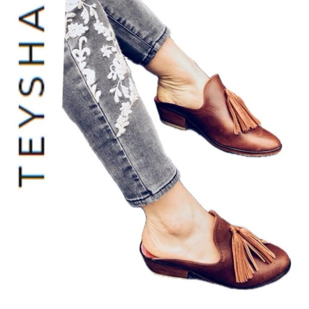 TEYSHA MULES SLIDE ON SHOES BOHEMIAN FRINGE 100% LEATHER/MAYAN‎ TEXTILE Sz 6.5